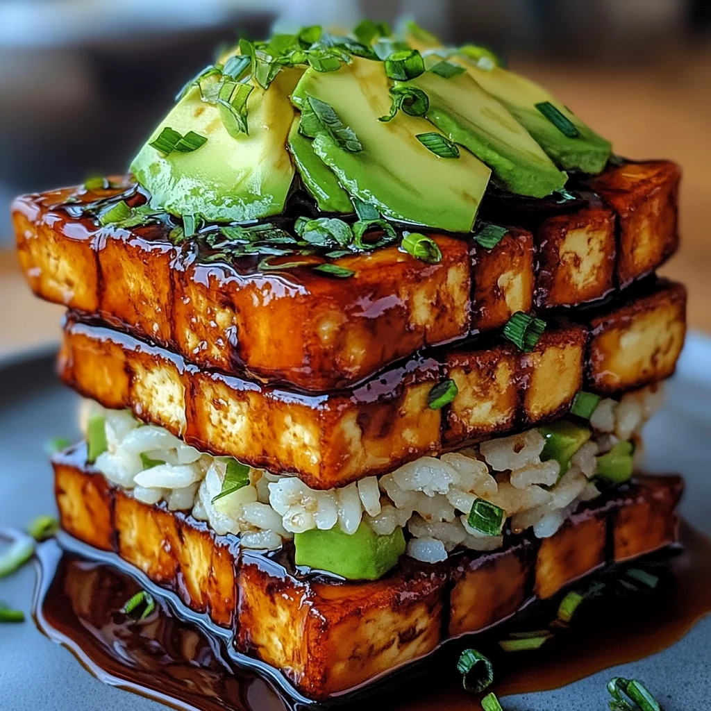 Crispy Teriyaki Tofu and Avocado Rice Stack