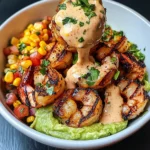 Grilled Shrimp Bowl with Avocado, Corn Salsa & Creamy Sauce