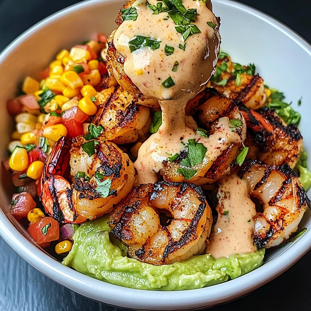 Grilled Shrimp Bowl with Avocado, Corn Salsa & Creamy Sauce