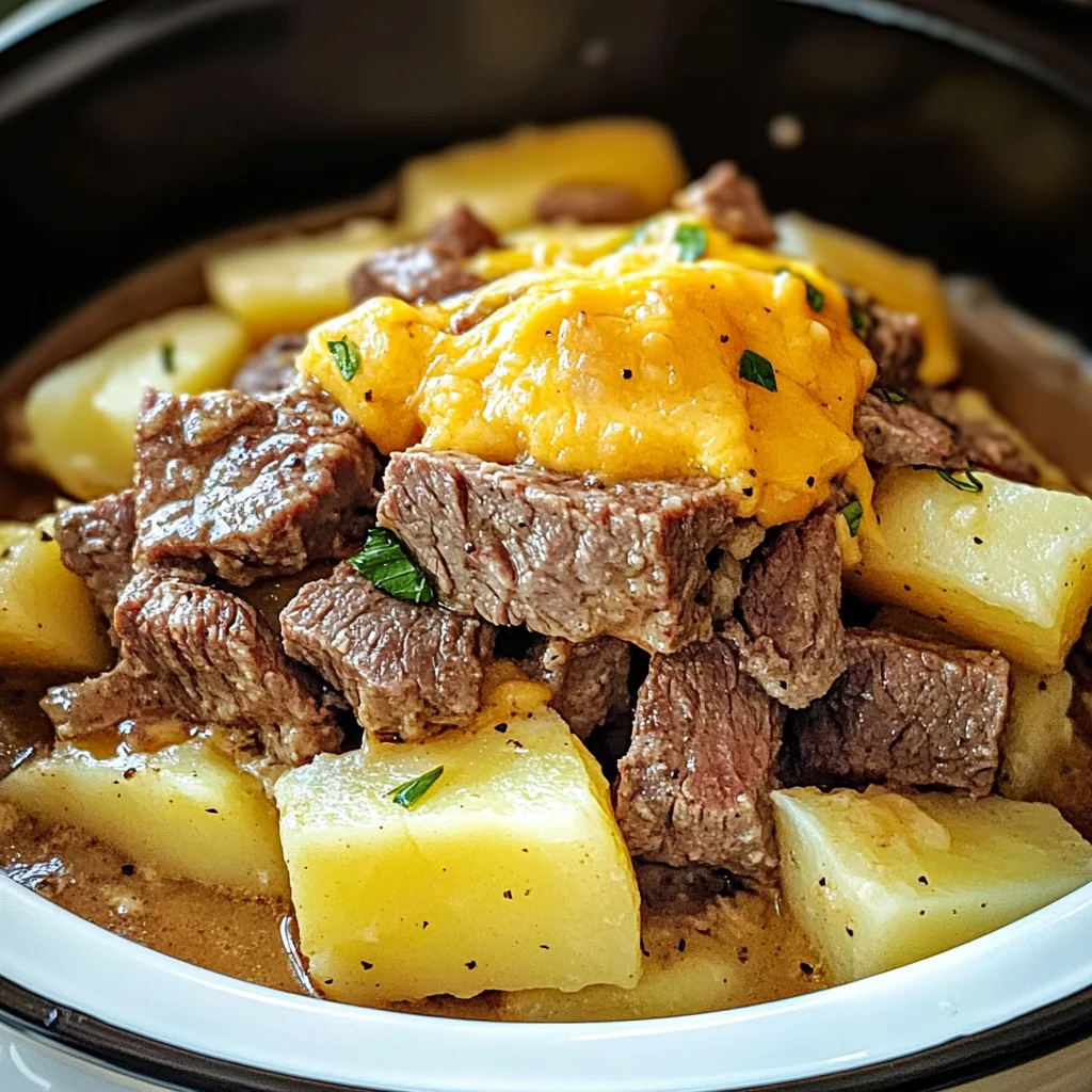 Slow Cooker Steak and Cheddar Potato Casserole