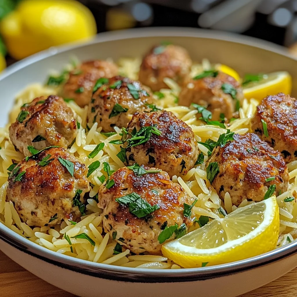 Greek Chicken Meatballs with Lemon Orzo