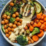 Roasted Veggie Chickpea Bowls with Maple Dijon Tahini Dressing