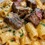 Cajun Steak Tips in Cheesy Rigatoni Parmesan Sauce