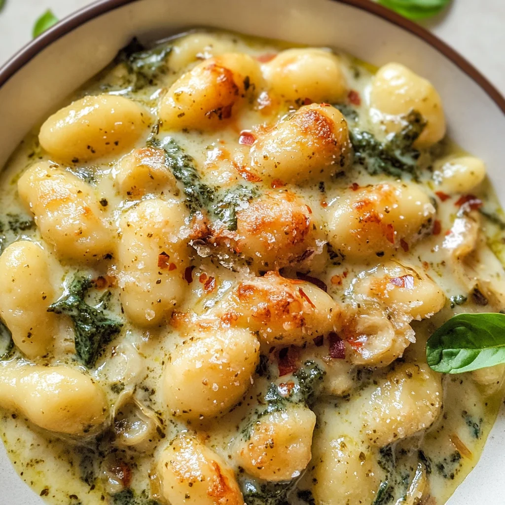 Creamy Pesto Gnocchi with Spinach and Artichokes