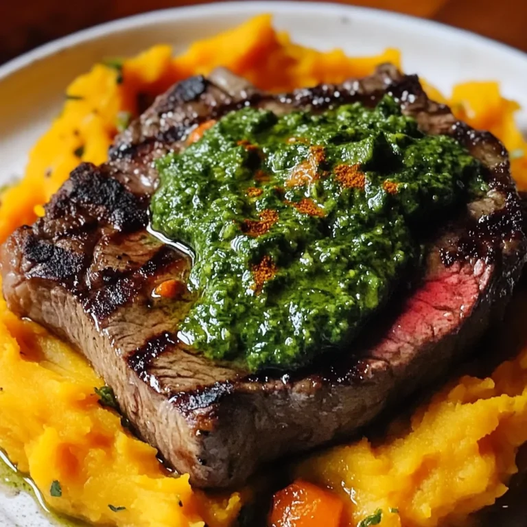 Steak with Green Sauce and Mashed Sweet Potatoes