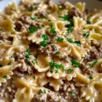 Creamy Parmesan Garlic Beef Bowtie Pasta