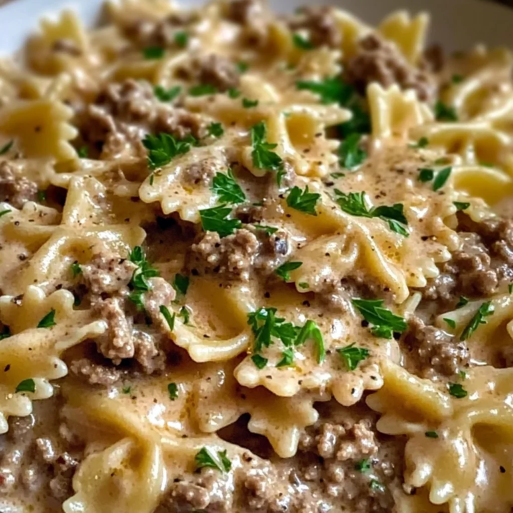 Creamy Parmesan Garlic Beef Bowtie Pasta