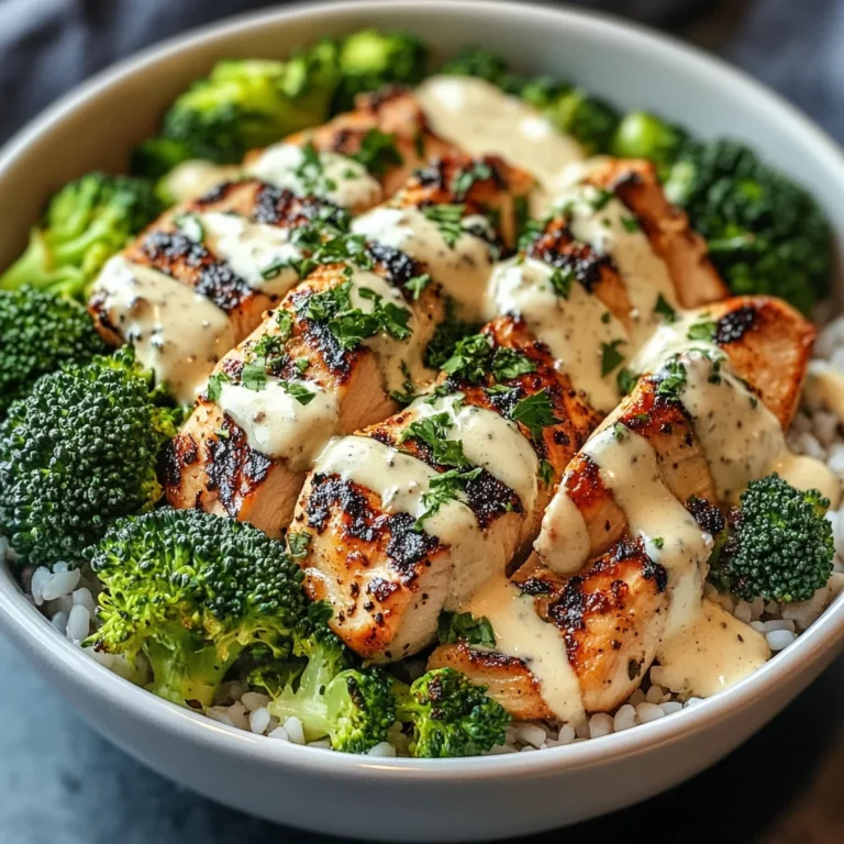 Grilled Chicken & Broccoli Bowls with Creamy Garlic Sauce