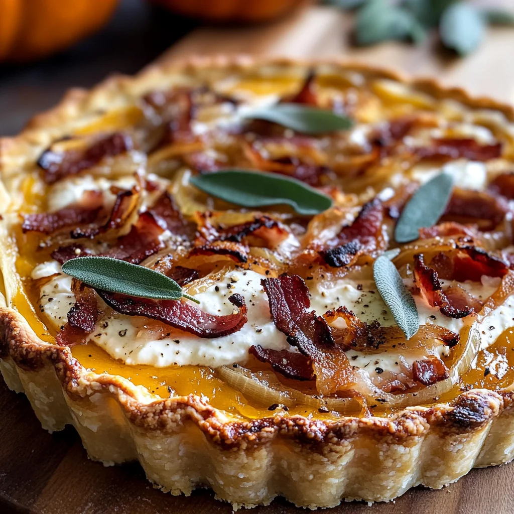 Pumpkin, Ricotta & Caramelized Onion Tart with Bacon and Sage